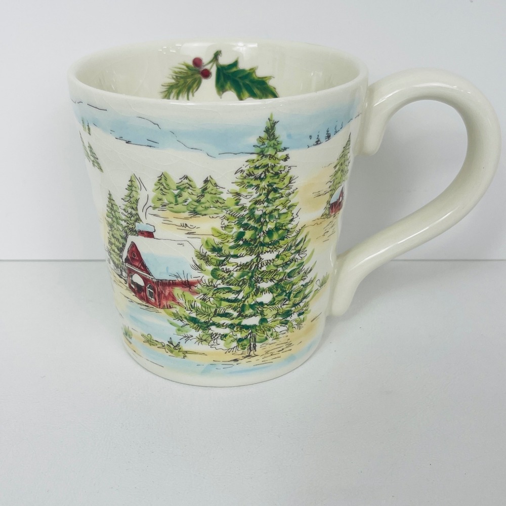 Maxcera Coffee Mug Winter Red Barn Snow Scene Christmas Holly Ceramic Good